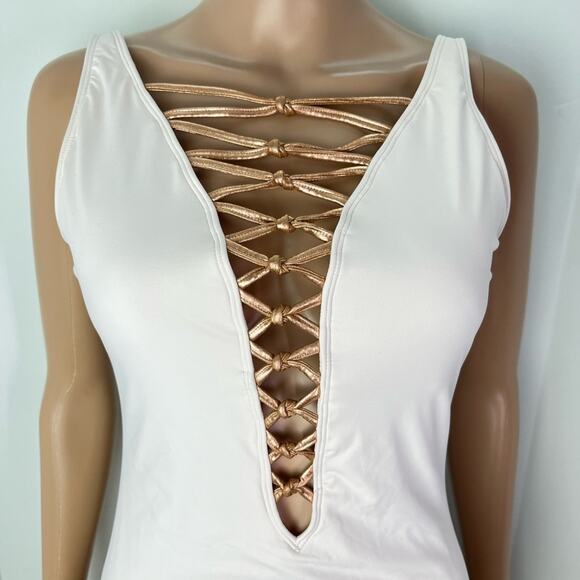 Bleu Rod Beattie Oh So Knotty Lace Down White One Piece Swimsuit - Picture 5 of 12